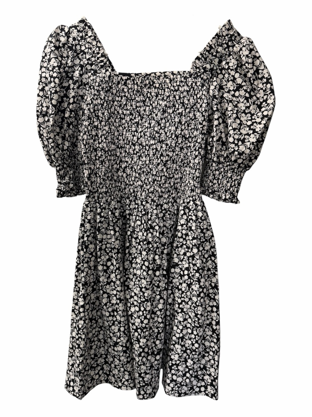 1. State Black & White Floral Puff-Sleeve Smocked Mini Dress - Picture 4 of 6